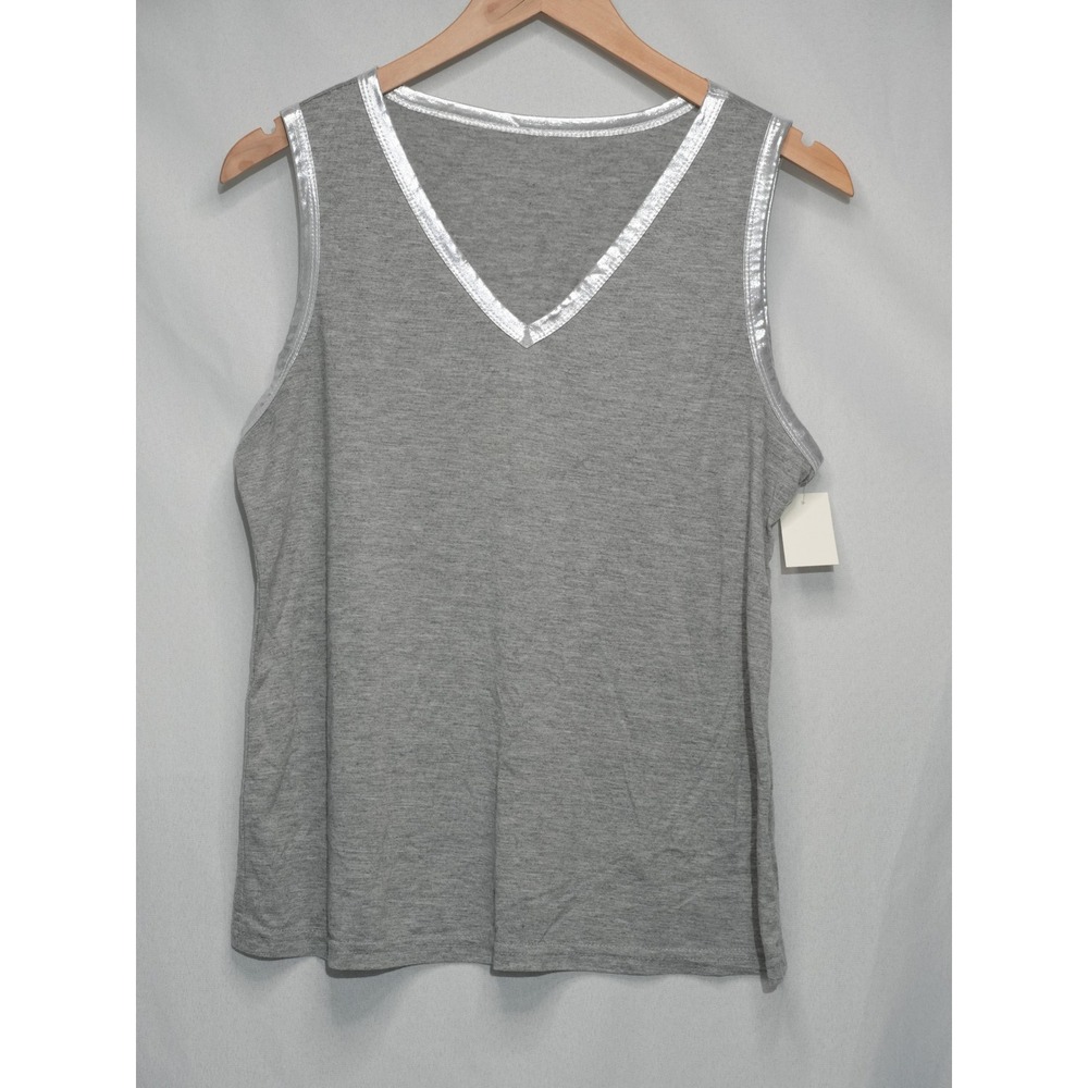 SHEIN‎ Tank Top Women Large Gray Metallic Trim V-Neck Sleeveless Heathered Shirt
